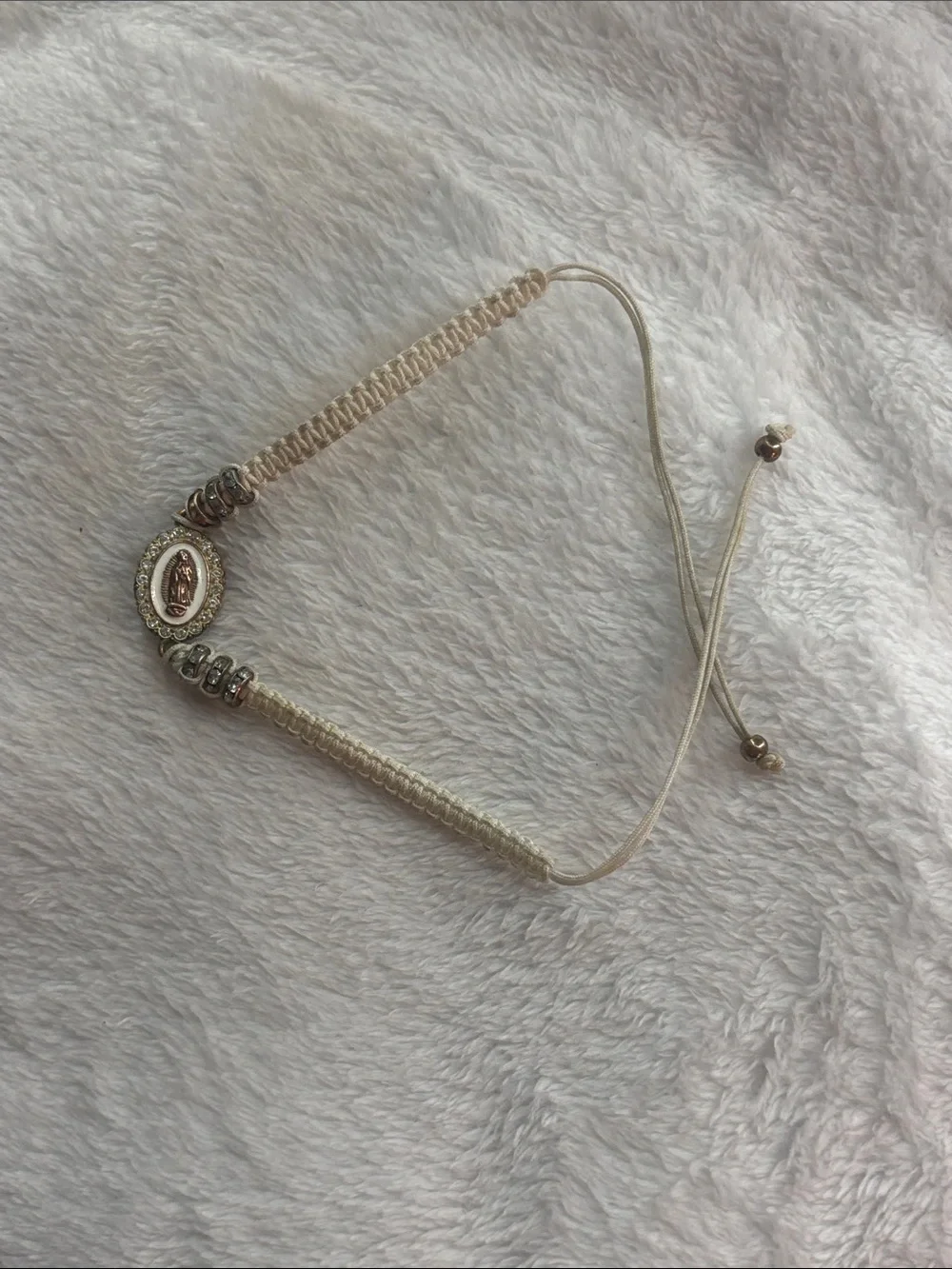 Cream Braided Rosary-Style Adjustable Bracelet with Metallic Accents